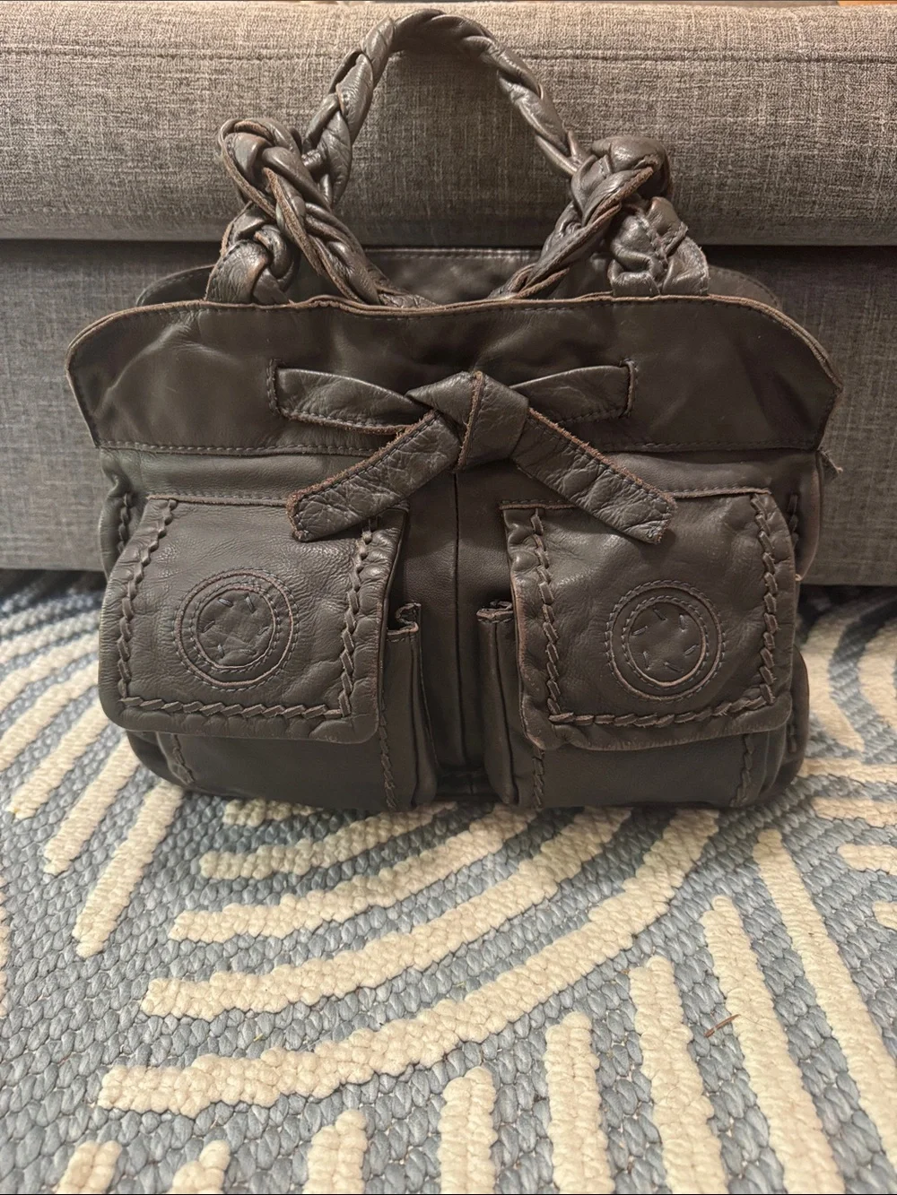 Rare Y2K Brown Leather Cargo Pocket Bow Handbag